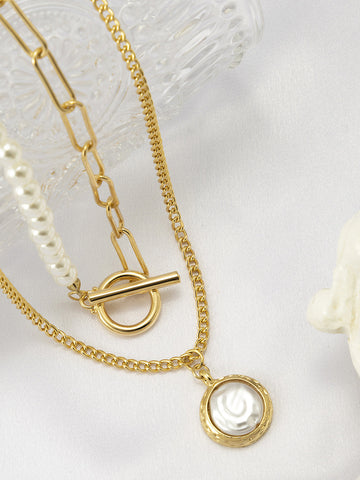 Sonicelife-Faux Pearl Disc Pendant Necklace