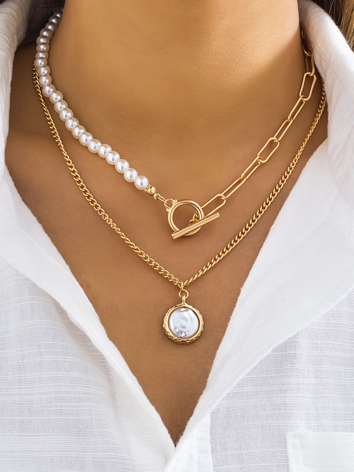 Sonicelife-Faux Pearl Disc Pendant Necklace