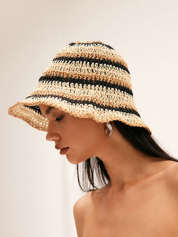 Sonicelife-Striped Straw Bucket Hat