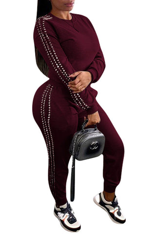 Sonicelife-Bead Solid Sweatshirt Pants Suits