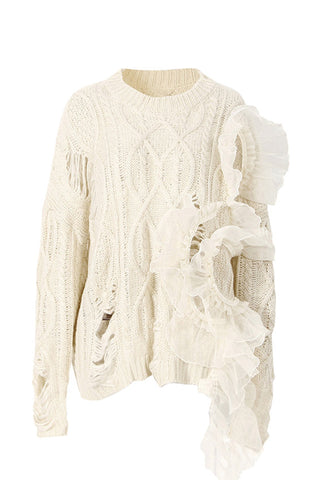 Sonicelife Beige Twist Ruffled Hole Sweater