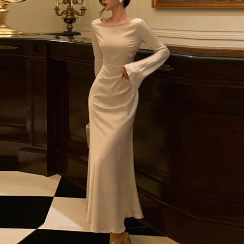 Sonicelife Bell Sleeve Ruched Satin Mermaid Dress