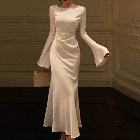 Sonicelife Bell Sleeve Ruched Satin Mermaid Dress