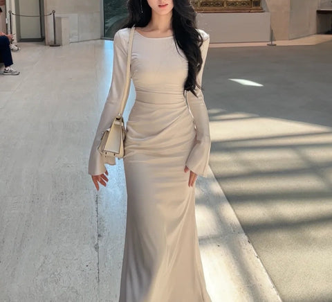 Sonicelife Bell Sleeve Ruched Satin Mermaid Dress