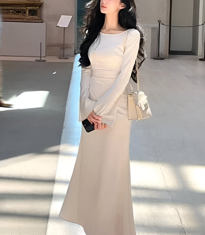 Sonicelife Bell Sleeve Ruched Satin Mermaid Dress