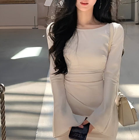 Sonicelife Bell Sleeve Ruched Satin Mermaid Dress