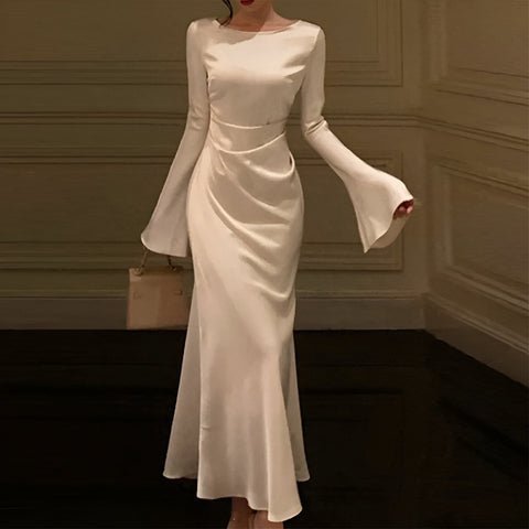 Sonicelife Bell Sleeve Ruched Satin Mermaid Dress