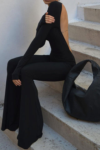 Sonicelife-Black Backless Wide Leg Jumpsuits