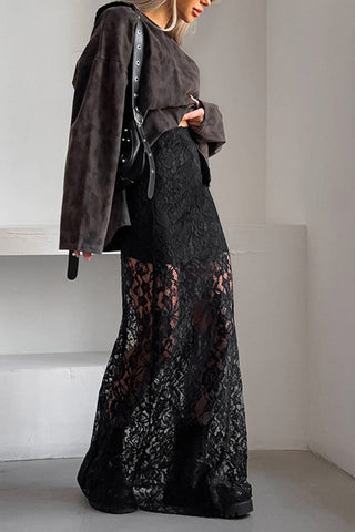 Sonicelife-Black Lace Midi Skirt