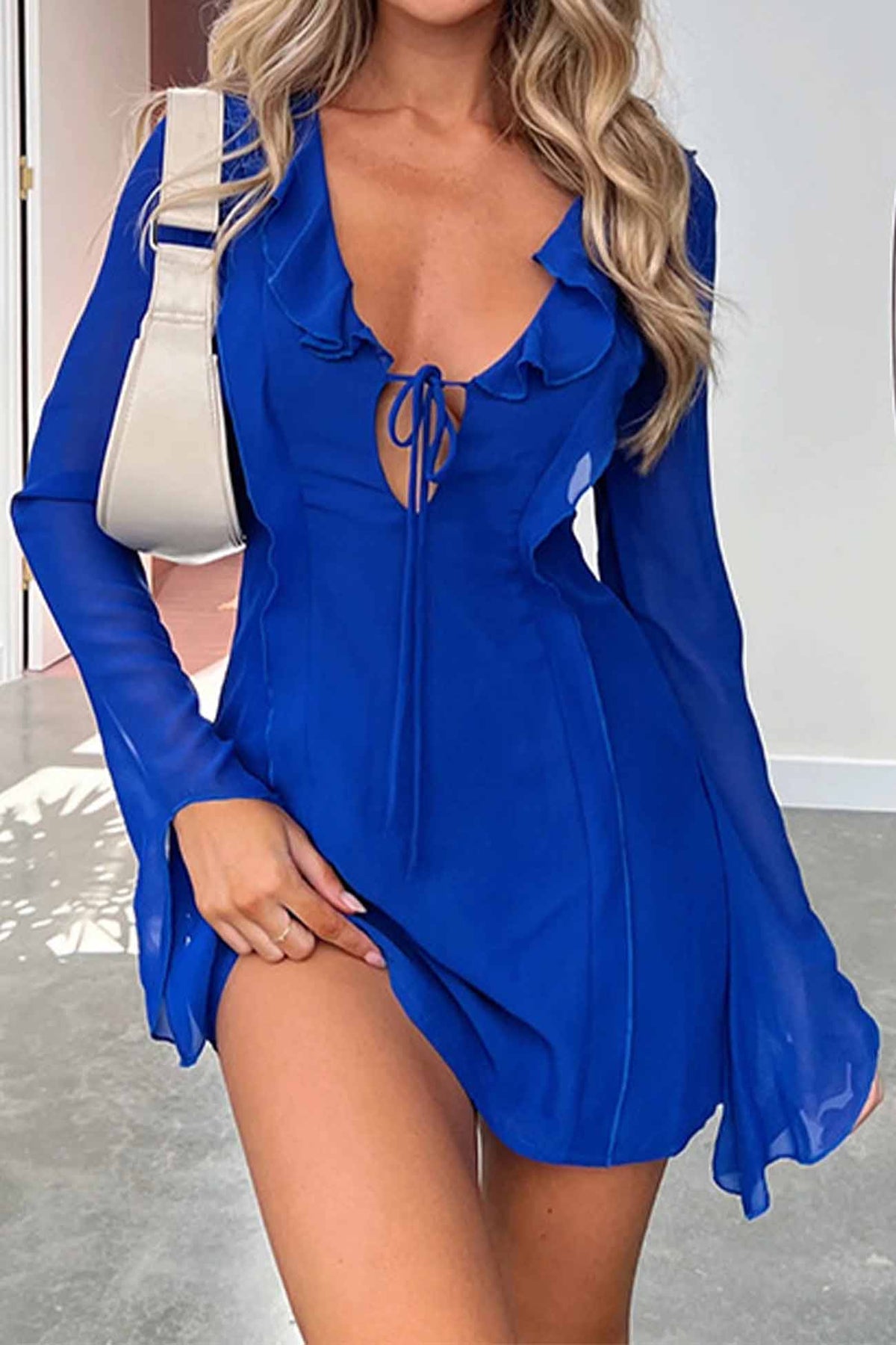 Sonicelife hoco dresses Ruffled Long Sleeved Lace Up Mini Dress