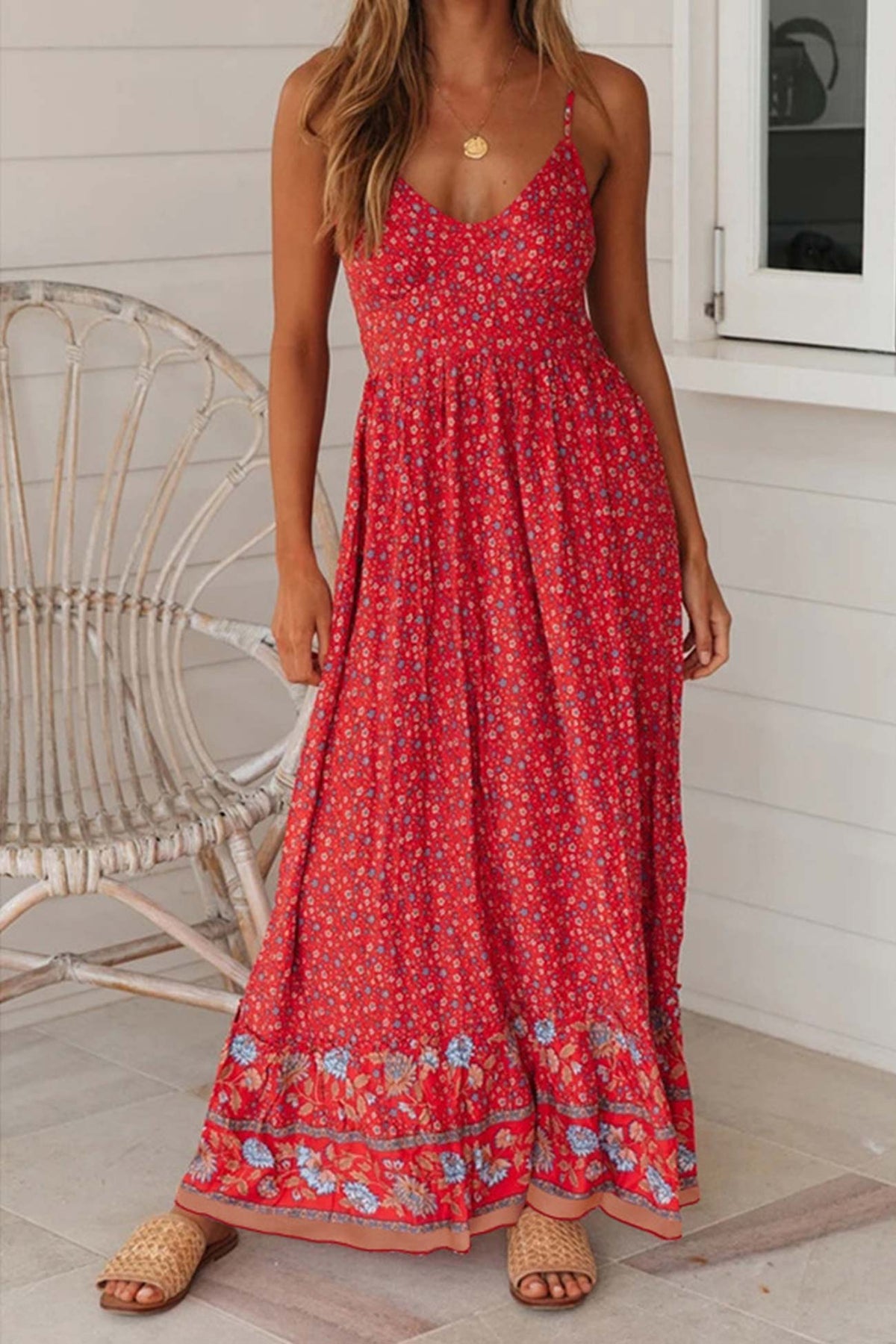 Sonicelife Bohemian V Neck Floral Maxi Dress