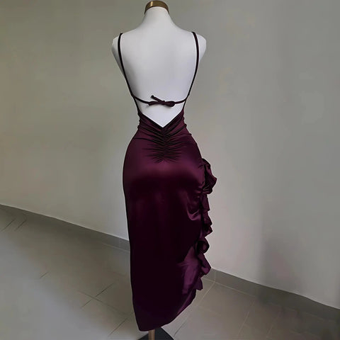 Sonicelife Burgundy Ruffled High Slit Ruched Bust Dress