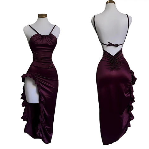 Sonicelife Burgundy Ruffled High Slit Ruched Bust Dress