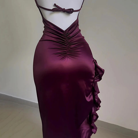 Sonicelife Burgundy Ruffled High Slit Ruched Bust Dress