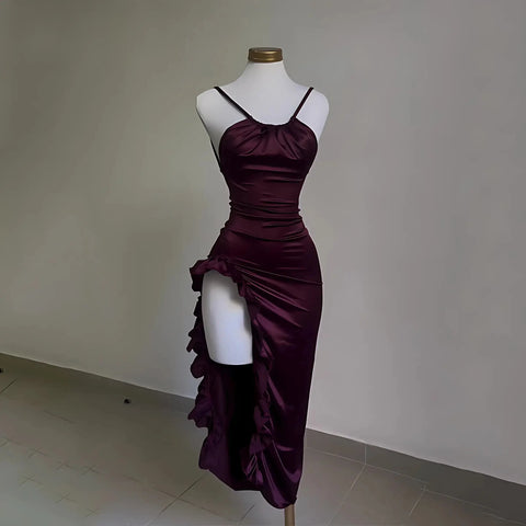 Sonicelife Burgundy Ruffled High Slit Ruched Bust Dress