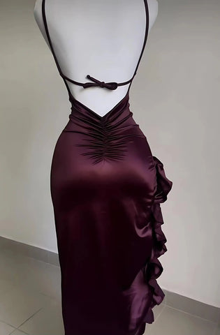 Sonicelife Burgundy Ruffled High Slit Ruched Bust Dress