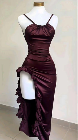Sonicelife Burgundy Ruffled High Slit Ruched Bust Dress