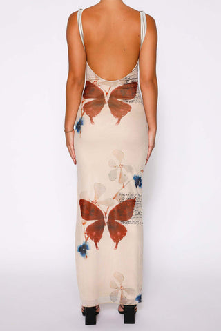 Sonicelife Butterfly Print Backless Slit Dress