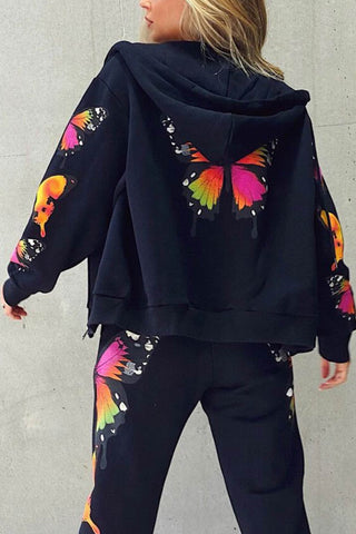 Sonicelife Butterfly Print Zip-up Hoodie Set