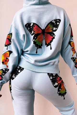 Sonicelife Butterfly Print Zip-up Hoodie Set