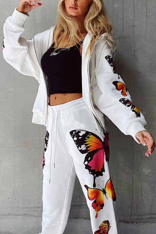 Sonicelife Butterfly Print Zip-up Hoodie Set