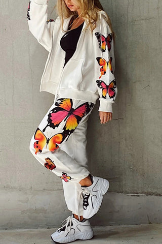 Sonicelife Butterfly Print Zip-up Hoodie Set