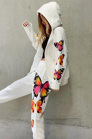 Sonicelife Butterfly Print Zip-up Hoodie Set