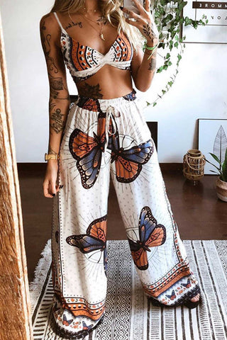 Sonicelife-Butterfly Print Twisted Crop Top & Wide Leg Pants Set