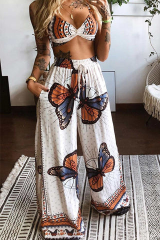 Sonicelife-Butterfly Print Twisted Crop Top & Wide Leg Pants Set