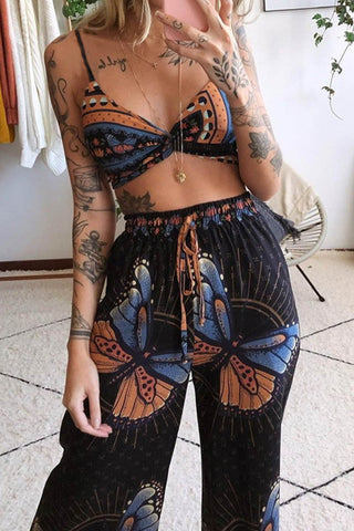 Sonicelife-Butterfly Print Twisted Crop Top & Wide Leg Pants Set