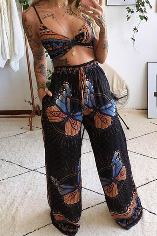 Sonicelife-Butterfly Print Twisted Crop Top & Wide Leg Pants Set