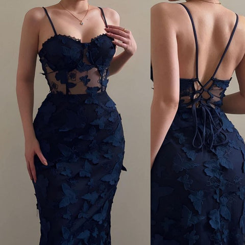 Sonicelife Elegant Mermaid Spaghetti Straps Lace Navy Blue Long Prom Dresses Formal Dress (PRE-ORDER)