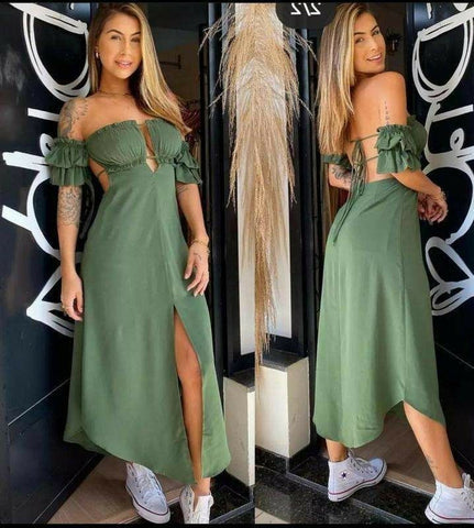 Sonicelife Elegant A line Off The Shoulder Green Slit Satin Prom Dresses Long Evening Dress (PRE-ORDER)