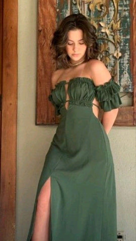 Sonicelife Elegant A line Off The Shoulder Green Slit Satin Prom Dresses Long Evening Dress (PRE-ORDER)