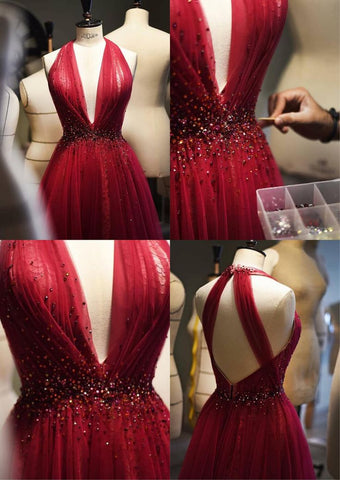 Sonicelife Elegant A Line V Neckline Red Tulle Long Prom Dress Evening Dresses With Beads (PRE-ORDER)