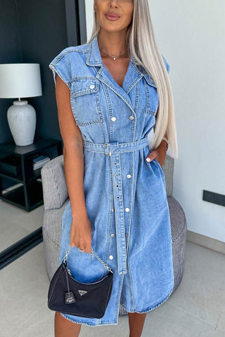 Sonicelife Cap Sleeve Double-breasted Strappy Denim Dress