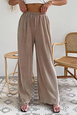 Sonicelife-Casual Solid Color Elastic Waist Wide Leg Long Pants