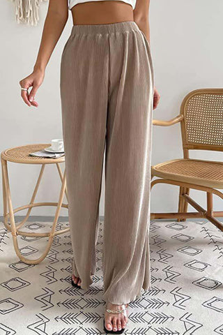 Sonicelife-Casual Solid Color Elastic Waist Wide Leg Long Pants