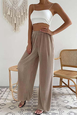 Sonicelife-Casual Solid Color Elastic Waist Wide Leg Long Pants