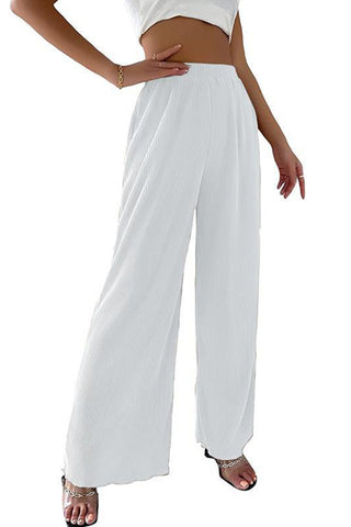 Sonicelife-Casual Solid Color Elastic Waist Wide Leg Long Pants