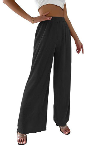 Sonicelife-Casual Solid Color Elastic Waist Wide Leg Long Pants