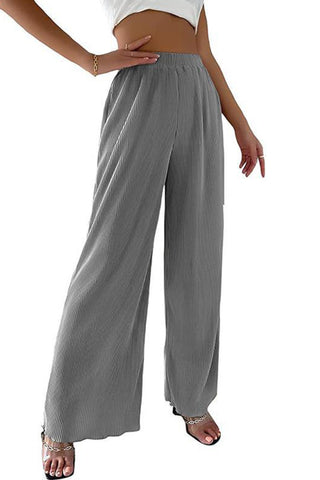 Sonicelife-Casual Solid Color Elastic Waist Wide Leg Long Pants