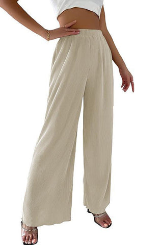 Sonicelife-Casual Solid Color Elastic Waist Wide Leg Long Pants