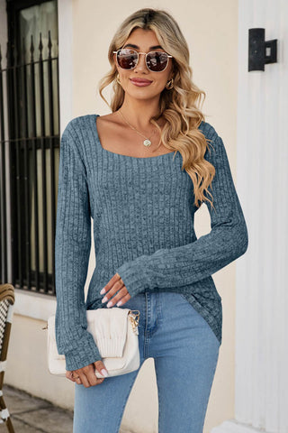 Sonicelife Casual Square Neck Ribbed Sweater