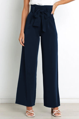 Sonicelife-Casual Tie-Front Loose Straight Long Pants