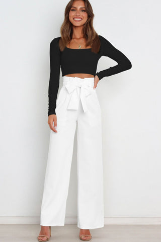 Sonicelife-Casual Tie-Front Loose Straight Long Pants