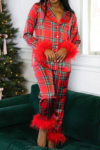 Sonicelife-Christmas Satin Printed Fuzzy Loungwear