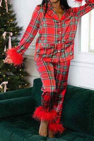 Sonicelife-Christmas Satin Printed Fuzzy Loungwear