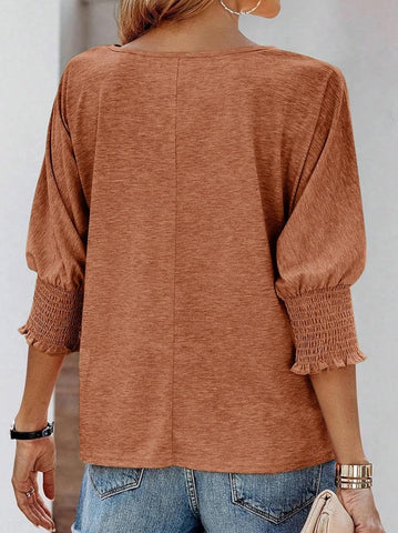 Sonicelife-Simple 3/4 Sleeves Crew Neck Basic Blouse