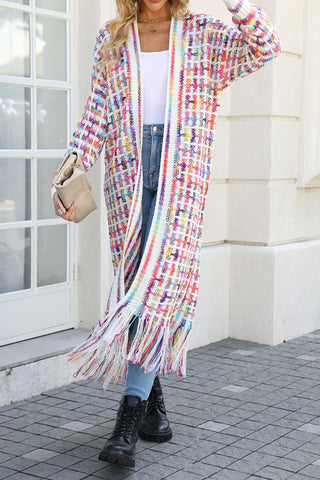 Sonicelife Contrast Fringe Hem Open Front Long Cardigan